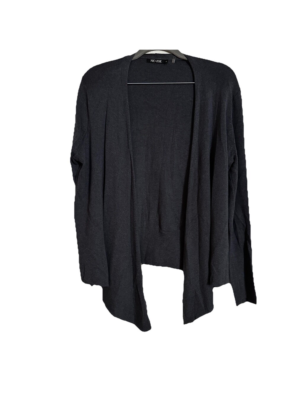 Nic + Zoe Cardigan Sweater Womens L Gray Black Ruffle Open Lightweight Knit